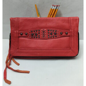 ASH Red Leather Studded Zipper Pockets Bifold Evening Clutch - NWoT
